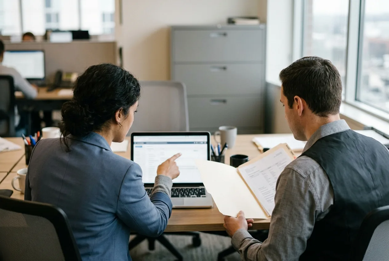 HR and IT colleagues reviewing an employee personnel file alongside a records system