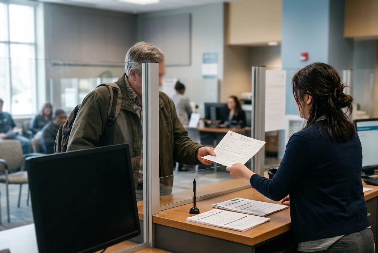 Government clerk handing a completed form to a resident at a public service counter